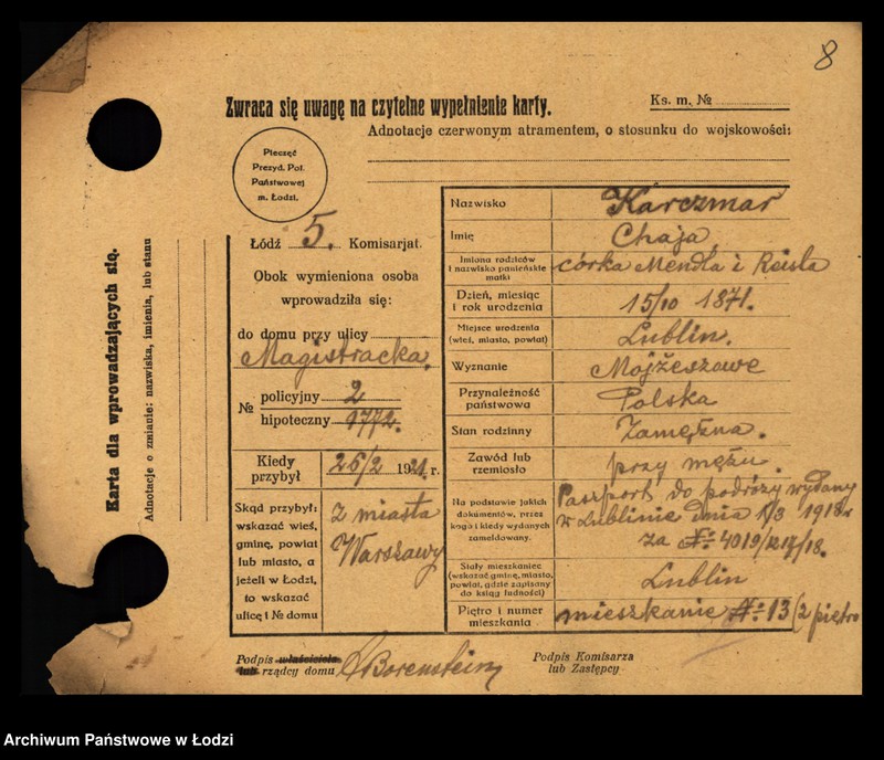 Obraz 10 z jednostki "[Spis ludności Łodzi] Karczmańska - Karnowski"