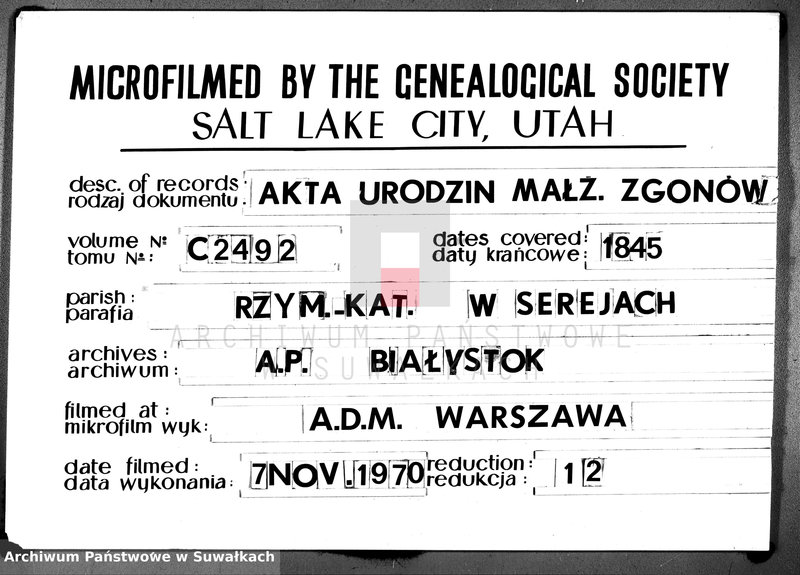 image.from.unit.number "Księga duplikat znajdująca się w trzech oddzielnych tomach to jest urodzonych, zaślubionych i umarłych parafii katolickiej Sereje z roku 1845"