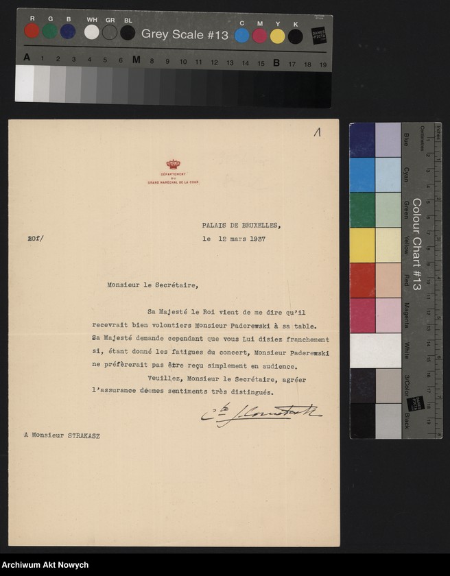 image.from.unit.number "Grand Maréchal de la Cour; Dotyczy audiencji I. Paderewskiego u króla Leopolda III; L.1"