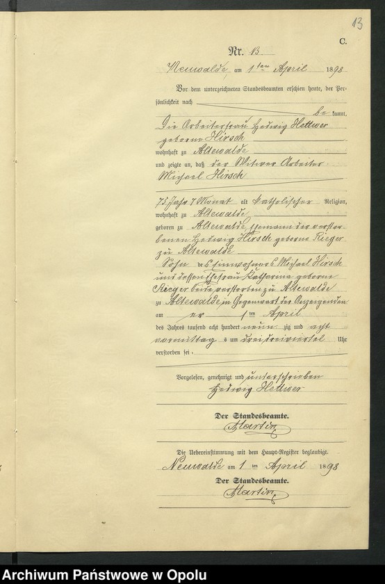 Obraz 17 z jednostki "Sterbe-Neben-Register des Standesamts Altewalde pro 1898"