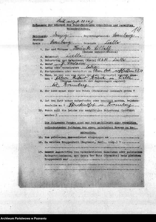 Obraz 18 z jednostki "Zgłoszenia zmarłych i zaginionych miejscowych Niemców w 1939 roku - powiat bydgoski"