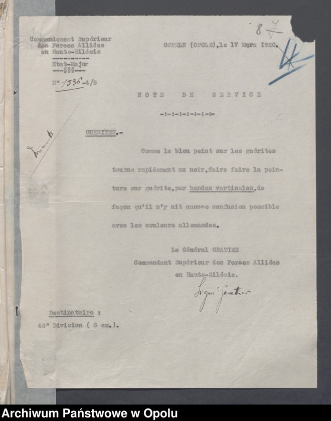 Obraz 10 z jednostki "Materiel du Genie-Outils Couchage et Ameublement-Eclairage-Eau-Materiel de Sport /Korespondencja i zarządzenia w sprawie zaopatrzenia w narzędzia, sypialnie, umeblowanie, oświetlenie.../ 27.01.1920 - 14.08.1921"