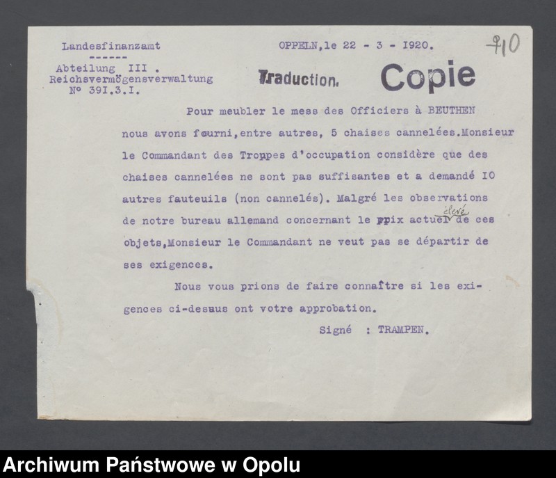 Obraz 12 z jednostki "Materiel du Genie-Outils Couchage et Ameublement-Eclairage-Eau-Materiel de Sport /Korespondencja i zarządzenia w sprawie zaopatrzenia w narzędzia, sypialnie, umeblowanie, oświetlenie.../ 27.01.1920 - 14.08.1921"