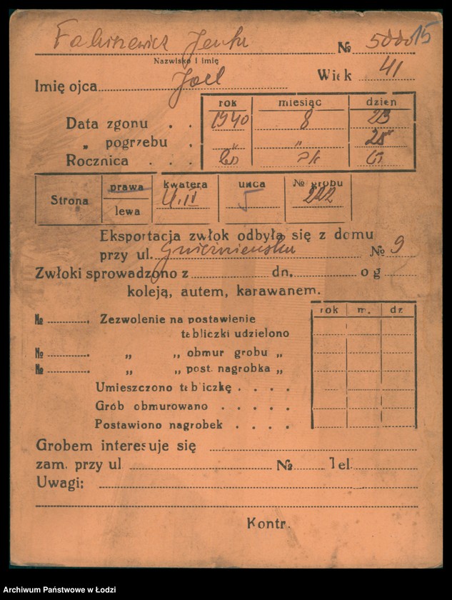 Obraz 16 z jednostki "Kartoteka osób pochowanych na cmentarzu żydowskim przy ulicy Brackiej w latach 1892-1958. Nazwiska na litery: Fa-Fä"