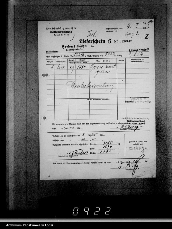 Obraz 20 z jednostki "Aufträge [Lieferscheinen und Rechnungen] 12321-12376 Lebensmitteleinkauf 5/Mü [Dostawa żywności dla Getta i dla obozu cygańskiego]"