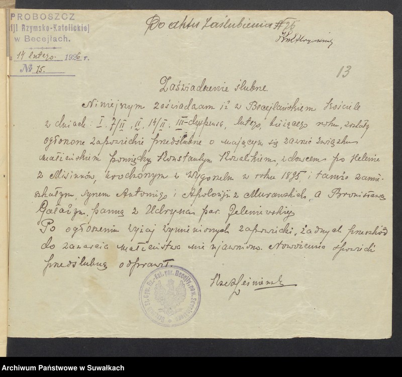 Obraz 15 z jednostki "Aneksa do aktów ślubnych Rz-kat. Jeleniewskiej parafji z 1926 roku"