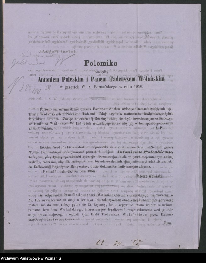 Obraz 17 z jednostki "A. betr. die Feststellung der Untertanen Verhältnisse des hier wegen Verdacht politischer Umtriebe verhaftet gewesen Robert von Wolski; Boleslaus von Wolski und den Thadeus von Wolanowski"
