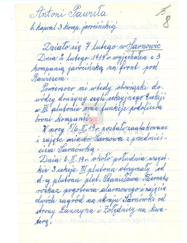 Obraz 20 z jednostki "Relacje i wspomnienia dotyczące powstania wielkopolskiego: 1. Sarnowa, powiat Rawicz, województwo poznańskie, 2. Skalmierzyce Nowe, powiat Ostrów Wielkopolski, 3. Studzieniec, powiat Chodzież, województwo poznańskie, 4. Słupia Kapitulna, powiat Rawicz, województwo poznańskie, 5. Sobiałkowo, powiat Rawicz, województwo poznańskie 6. Strzelno, powiat Mogilno, województwo bydgoskie 7. Sulmierzyce, powiat Szamotuły, województwo poznańskie 8. Szczepankowo, powiat Szamotuły. ..uwagi2"