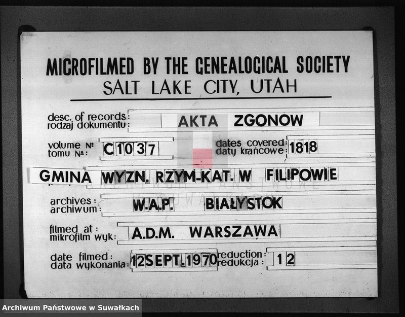 Obraz 1 z jednostki "Akta Umarłych Gminy Filipowskiey od Dnia 1 Stycznia 1818 Roku"