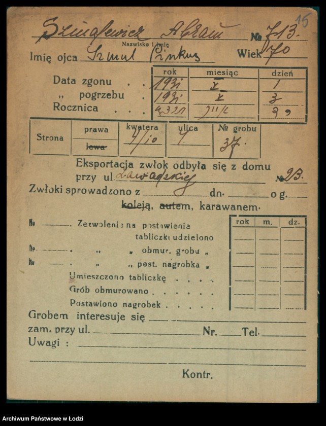 Obraz 16 z jednostki "Kartoteka osób pochowanych na cmentarzu żydowskim przy ulicy Brackiej w latach 1892-1957. Nazwiska na litery: Szn-Szt"