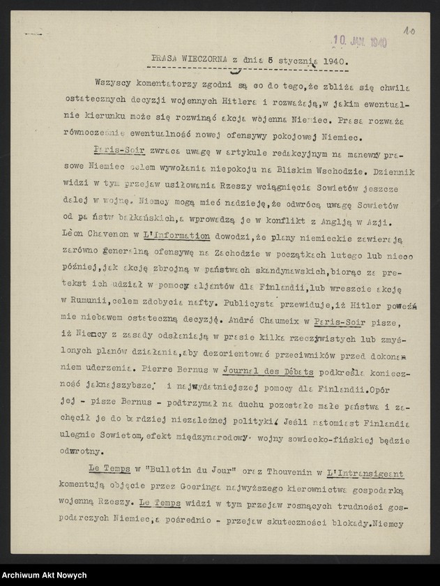 Obraz 12 z jednostki "Przegląd prasy angielskiej z 3-4 I 1940 r. i francuskiej z 5 I 1940 r."
