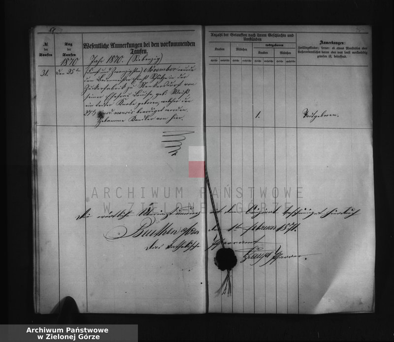 Obraz 19 z jednostki "Duplicat I. des Trau Register, II. des Tauf Register, III. des Sterbe Register pro 1870 bei der katholischen Pfarrkirche zu Beuthen a/Oder"