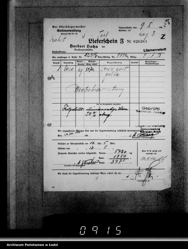 Obraz 13 z jednostki "Aufträge [Lieferscheinen und Rechnungen] 12321-12376 Lebensmitteleinkauf 5/Mü [Dostawa żywności dla Getta i dla obozu cygańskiego]"