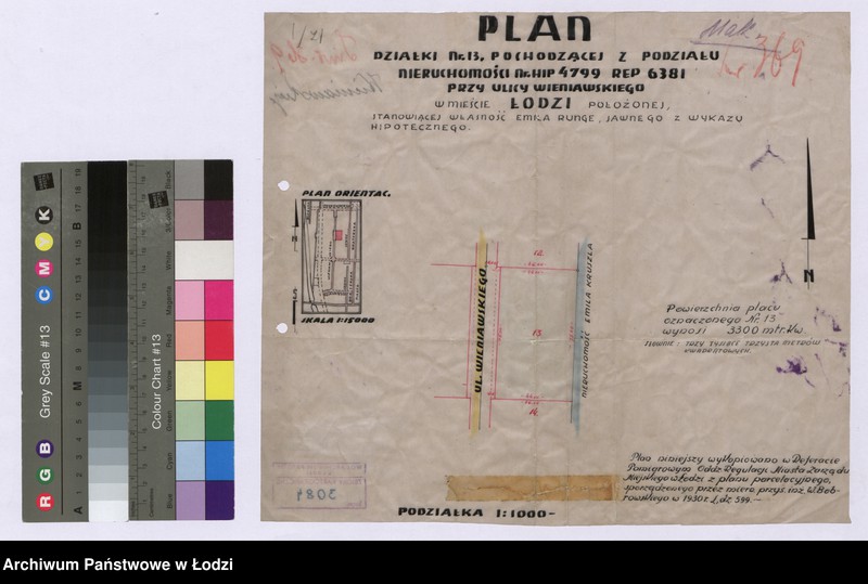 Obraz 1 z jednostki "Plan działki Numer 13 pochodzącej z podziału nieruchomości Numer Hipoteczny 4799 Repertorium 6381 przy ulicy Wieniawskiego w mieście Łodzi położonej, stanowiącej własność Emila Runge, jawnego z wykazu hipotecznego"