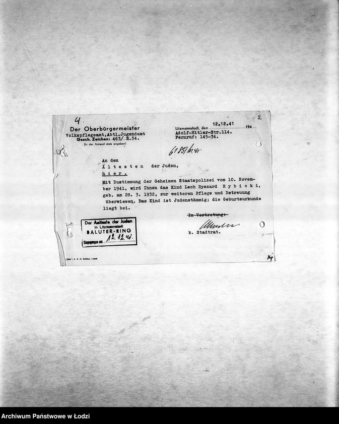 Obraz 7 z jednostki "[Korespondencja PSŻ w sprawie ruchu ludności getta, indywidualnych przesiedleń, przekazywania dzieci do getta itp.]"