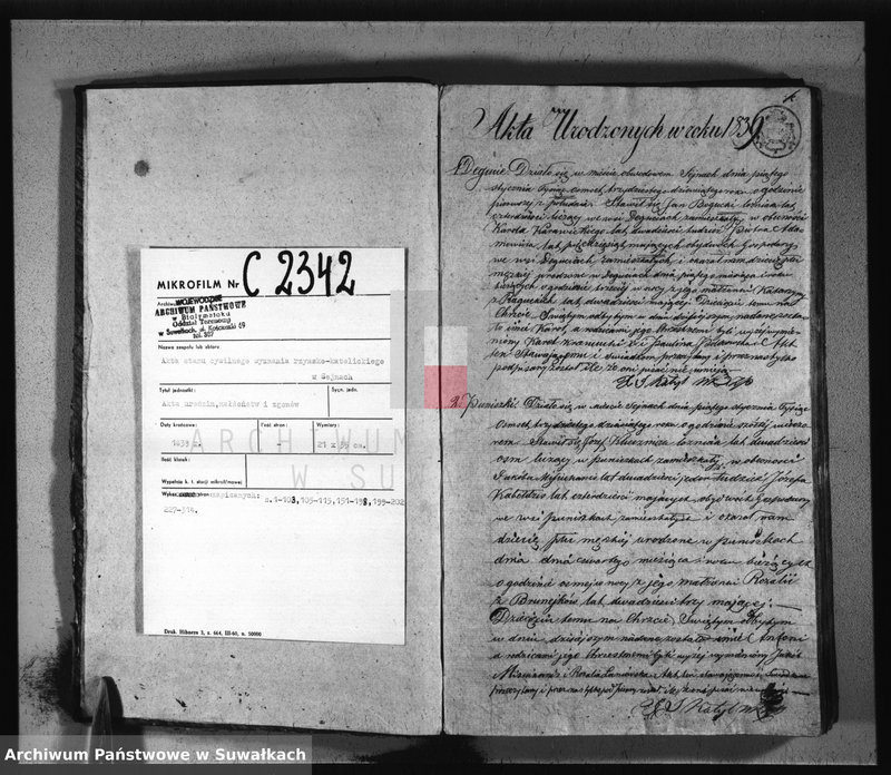 image.from.unit.number "Księga duplikat urodzeń, małżeństw i zejść parafii seyneńskiey 1839"