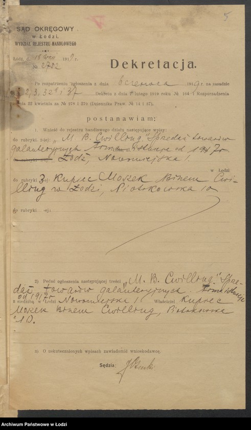 Obraz 7 z jednostki "Moszek Binen Zwilling - sprzedaż towarów manufakturowych"