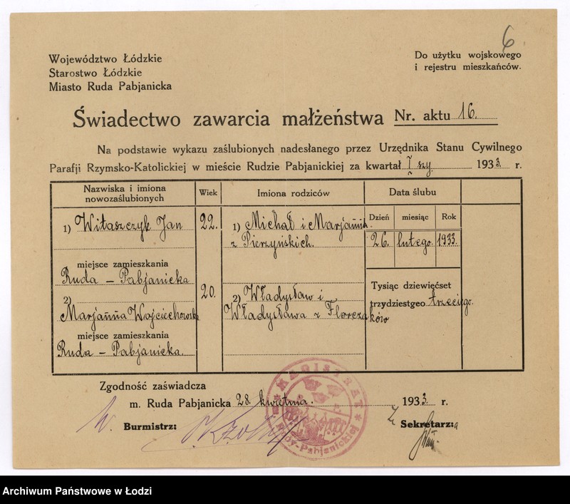 image.from.unit.number "Dokumenty do rejestru mieszkańców Rudy Pabianickiej. Witaszczyk Jan - Wróblewska Marianna"