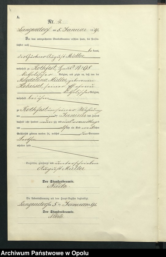 Obraz 8 z jednostki "Geburts-Neben-Register des Standesamts Langendorf pro 1891"