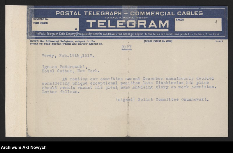 image.from.unit.number "Comité Général de Secours pour les Vctimes de la Guerre en Pologne. Apele oraz korespondencja I. J. Paderewskiego"