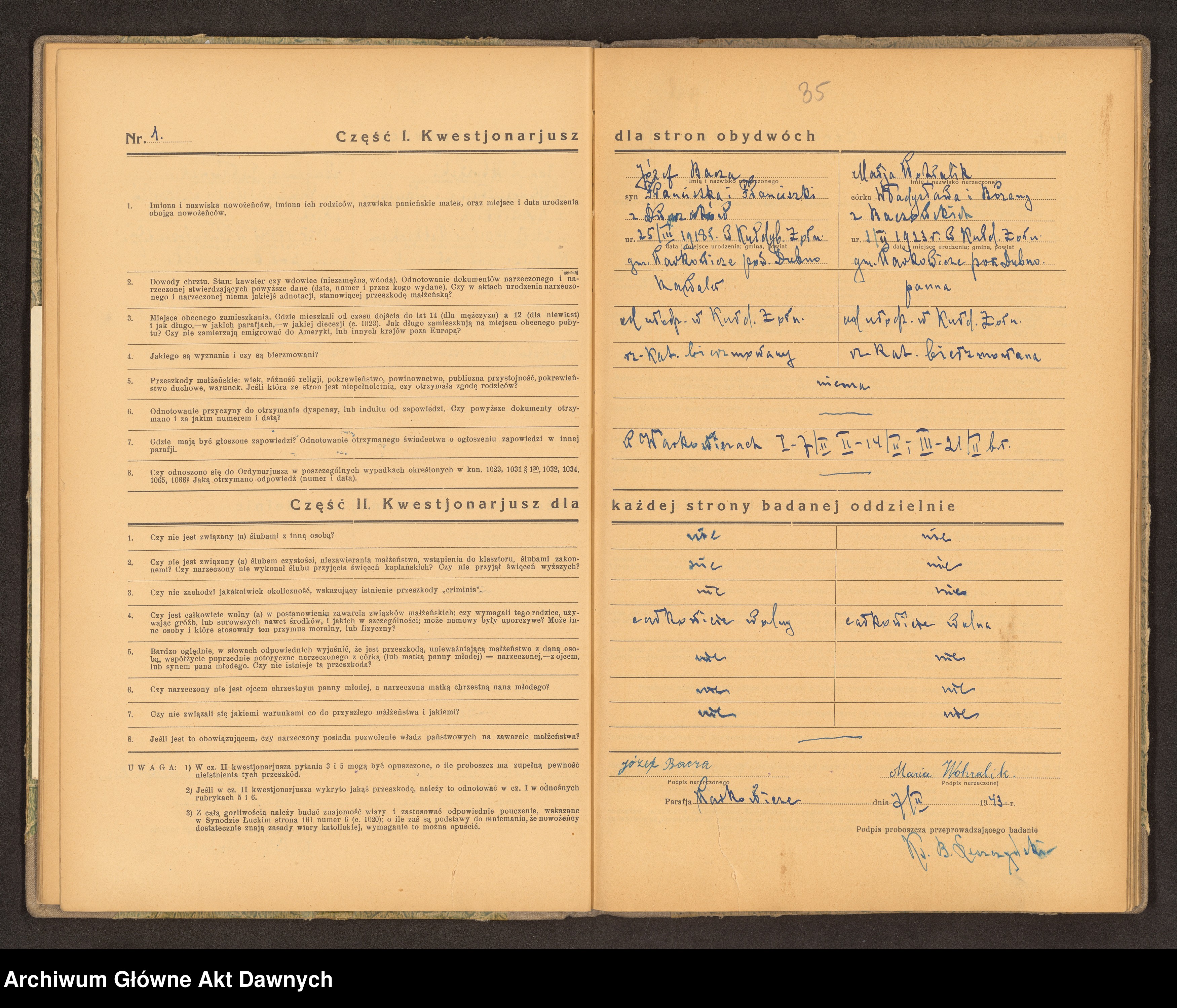 Skan z jednostki: Parafia: Warkowicze. Dekanat: Dubno. Księga egzaminów przedślubnych złożonych w parafii.