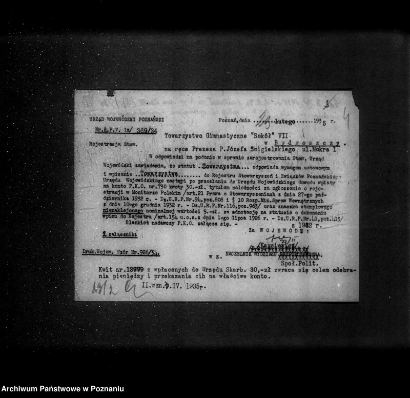 Obraz 8 z jednostki "/Towarzystwo Gimnastyczne Sokół VII Bydgoszcz /Zimne Wody i Małe Bartodzieje/ - rejestracja/"