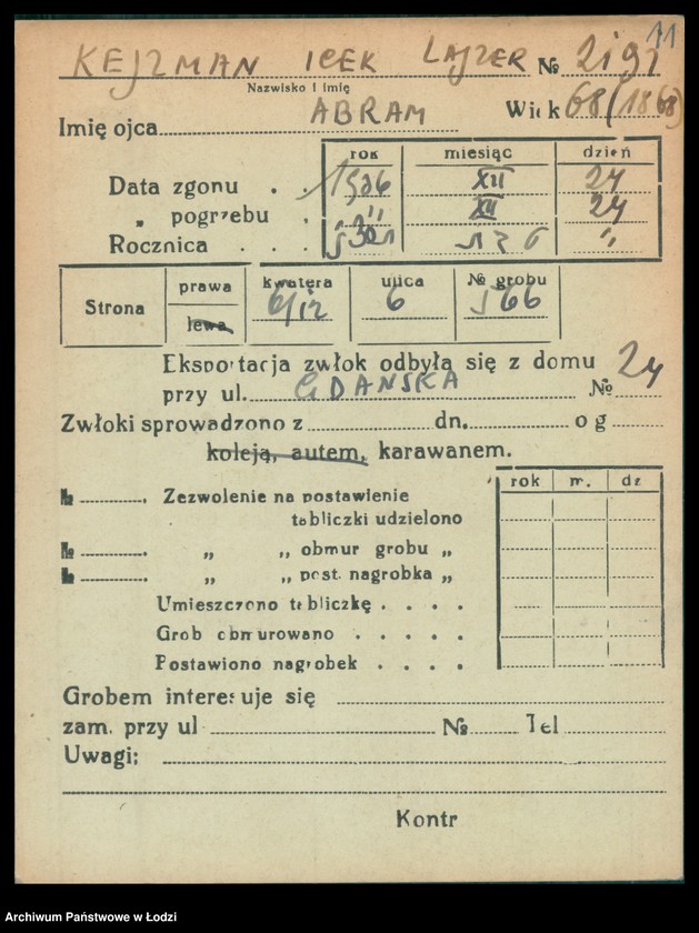 Obraz 12 z jednostki "Kartoteka osób pochowanych na cmentarzu żydowskim przy ulicy Brackiej w latach 1892-1951. Nazwiska na litery: Kei-Ki"