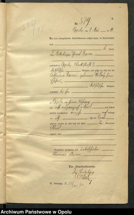 Obraz 15 z jednostki "Urząd Stanu Cywilnego Opole Księga Urodzeń Rok 1914 520-1033"