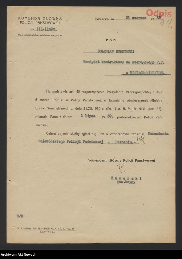 image.from.unit.number "Przydziały nowomianowanych posterunkowych Policji Państwowej w województwie poznańskim. Dekrety mianowania, wykaz, korespondencja."