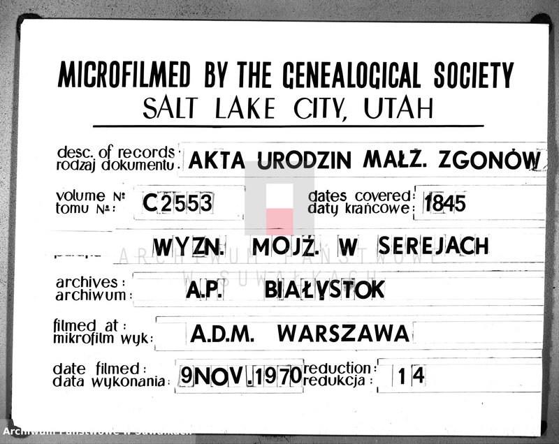 image.from.unit.number "Duplicat Urodzonych, Zaślubionych i Zmarłych Osób z Wyznania Moyżeszowego Okregu Sereie w 1845 roku"