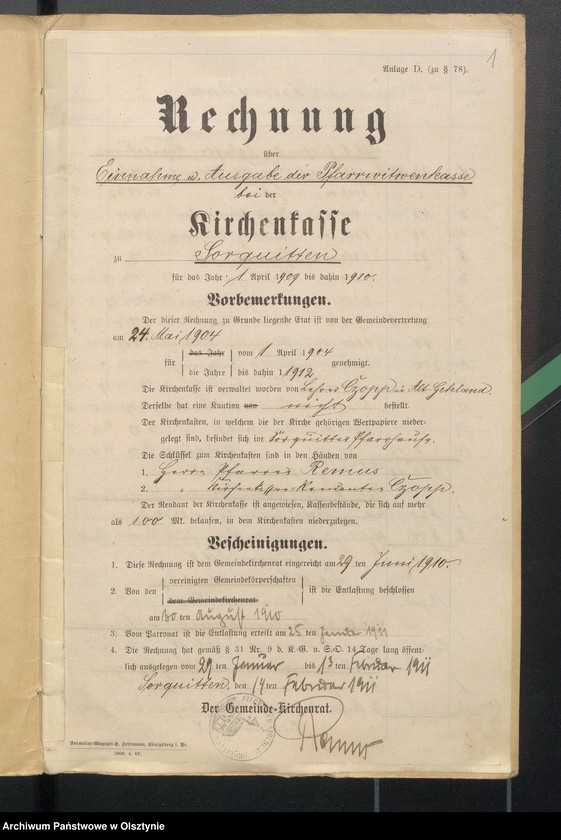 image.from.unit.number "Rehnung der Pfarrerwitwenkasse in Sorquitten"