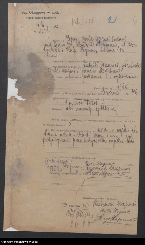 Obraz 8 z jednostki "Ludwik Wagner- właściciele Berta Wagner i Bracia Stegeman- prowadzenie farbiarni i wykończalni"