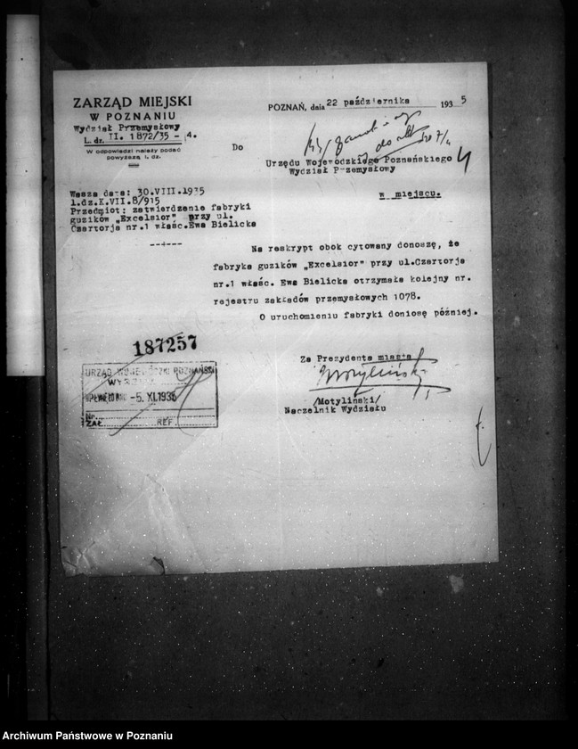 Obraz 8 z jednostki "Zatwierdzenie zakładu przemysłowego fabryki guzików Firmy "Excelsior" Ewy Bielickiej w Poznaniu"