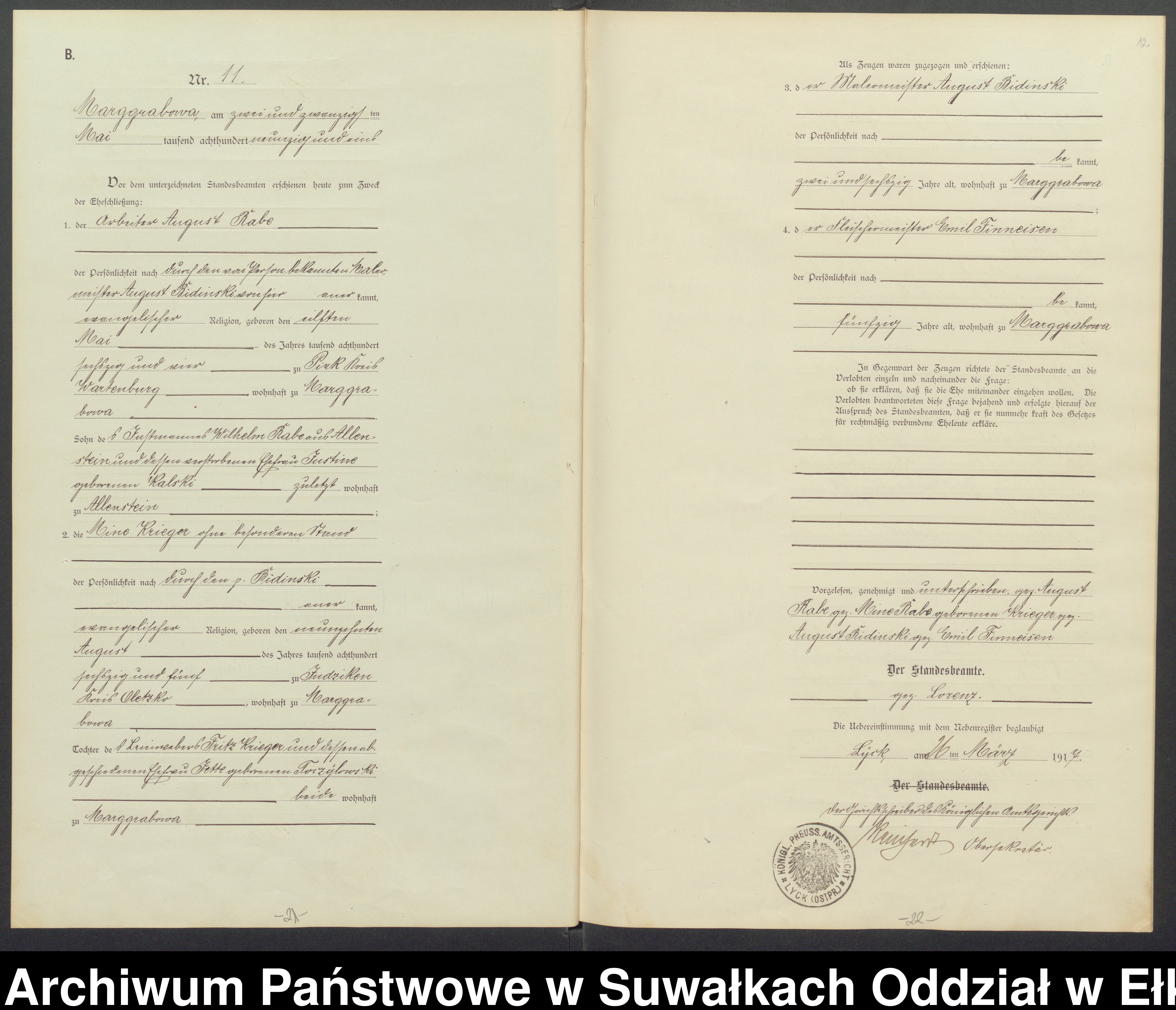 Skan z jednostki: Heiraths-Haupt-Register des Standesamt Marggrabowa Kreis Oletzko [Stadt]