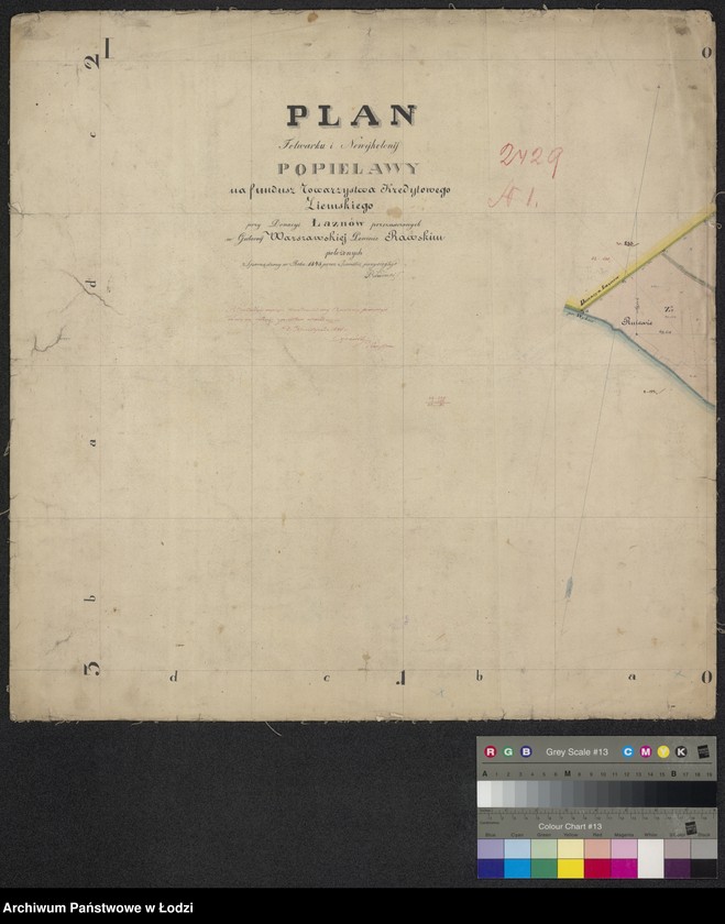 Obraz 1 z jednostki "Plan folwarku i nowej kolonii Popielawy na fundusz Towarzystwa Kredytowego Ziemskiego przy donacji Łaznów przeznaczonych ..."
