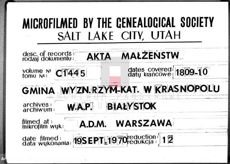 Obraz 20 z jednostki "Akta Cywilne Małżeństwa Gminy Krasnopolskiey od R.1809 1-go Maia do 1810 1-go Maia."
