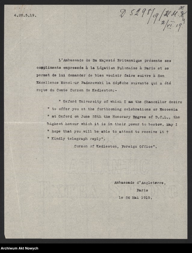image.from.unit.number "Korespondencja dotycząca nadania dyplomów doktoratów honoris causa przez uniwersytety amerykańskie, angielskie. Przemówienia I. J. Paderewskiego na uroczystościach nadania mu dyplomów. Dyplomy: Doctor of Laws, honoris causa, Columbia University; patrz t.1015,1082, 1204; brak s.1-4,40-45,57-73,107-126 (25 VII 2003 r.)"