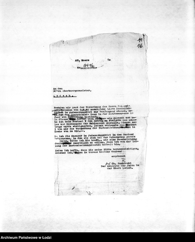 Obraz 18 z jednostki "[Korespondencja PSŻ w sprawie przesiedlenia Żydów do getta, zajmowania mieszkań i publicznych lokali, zamknięcia getta]"