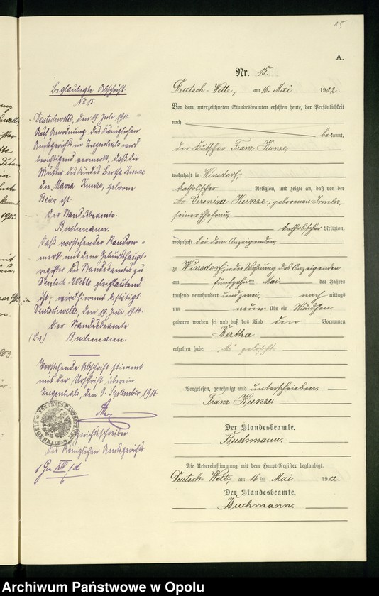 Obraz 19 z jednostki "Geburts-Neben-Register des Standesamts Deutsch Wette pro 1902"