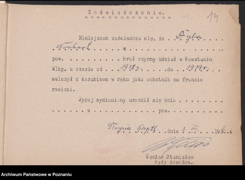 Obraz 16 z jednostki "Słupia Kapitulna, powiat Rawicz - indywidualne zaświadczenia o uczestnictwie w powstaniu."