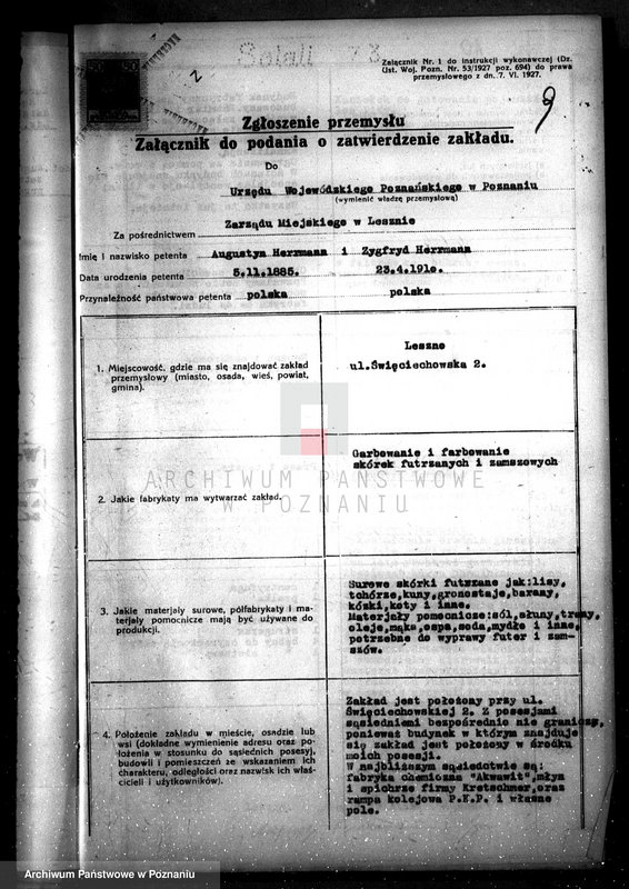 Obraz 12 z jednostki "Zatwierdzenie zakładu przemysłowego firmy Hermann August i Syn w Lesznie /Garbarnia skór/"