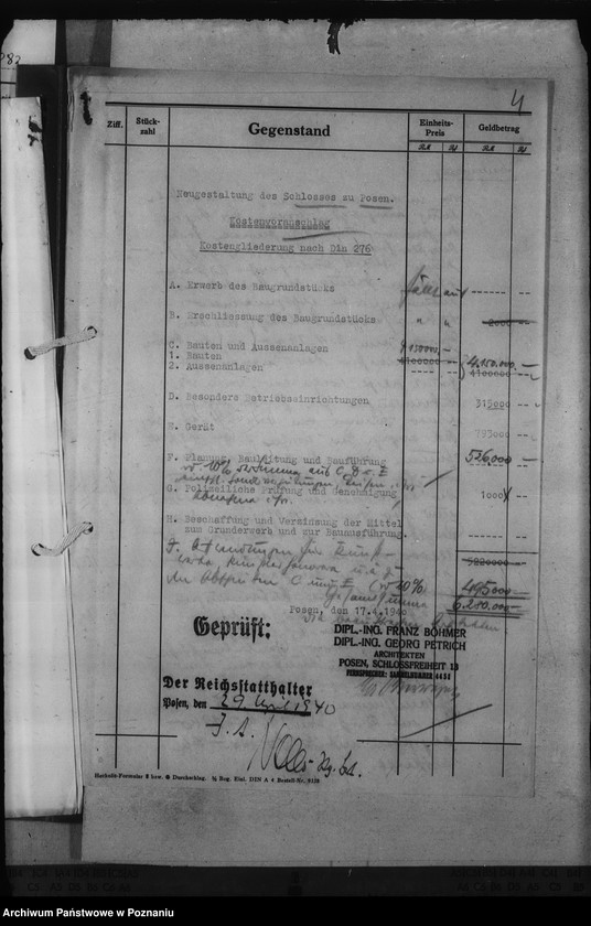 Obraz 8 z jednostki "Kostenvoranschlag. Neugestaltung des Schlosses zu Posen"