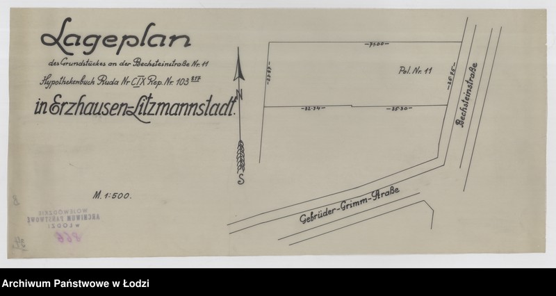 Obraz 1 z jednostki "Lageplan des Grundstückes an der Bechsteinstrasse Nr 11, Hypothek Ruda Nr CIX Rep. 103/817 in Erzhausen-Litzmannstadt"