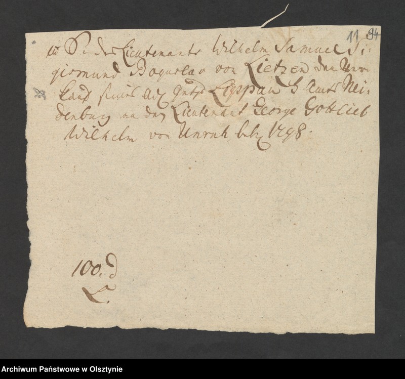 image.from.unit.number "In S. [Sachen] des Lieutenants Wilhelm Samuel Sigismund Boguslav von Lietzen. Den Verkauf seines adeliche Guts Lippau [Lipowo] H. [Haupt] Amts Neidenburg [Nidzica], am den Lieutnant George Gottlieb Wilhelmn von Unruh"