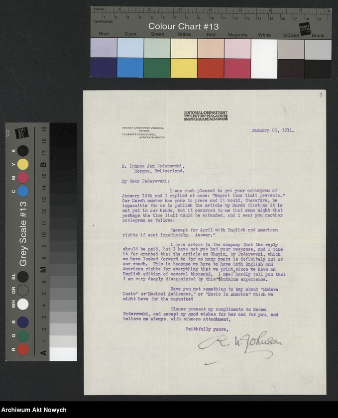 image.from.unit.number "Johnson Robert Underwood; Załączniki: a) "American Academy of Arts and Letters" (broszura); b) mowa R. U. Johnsona (maszynopis); c) wiersz "Woodrow Wilson"; d) wycinek prasowy; L.31 (odpowiedzi - rękopisy)"