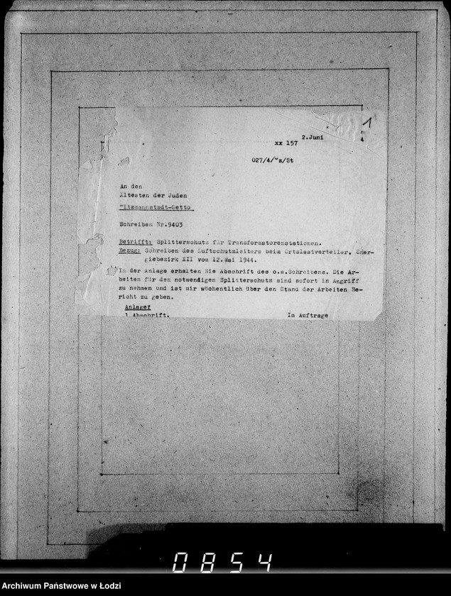 Obraz 5 z jednostki "Juden-Schreiben [Pisma skierowane do Przełożonego Starszeństwa Żydów w Getcie Łódzkim]. Nr.10569-20040"