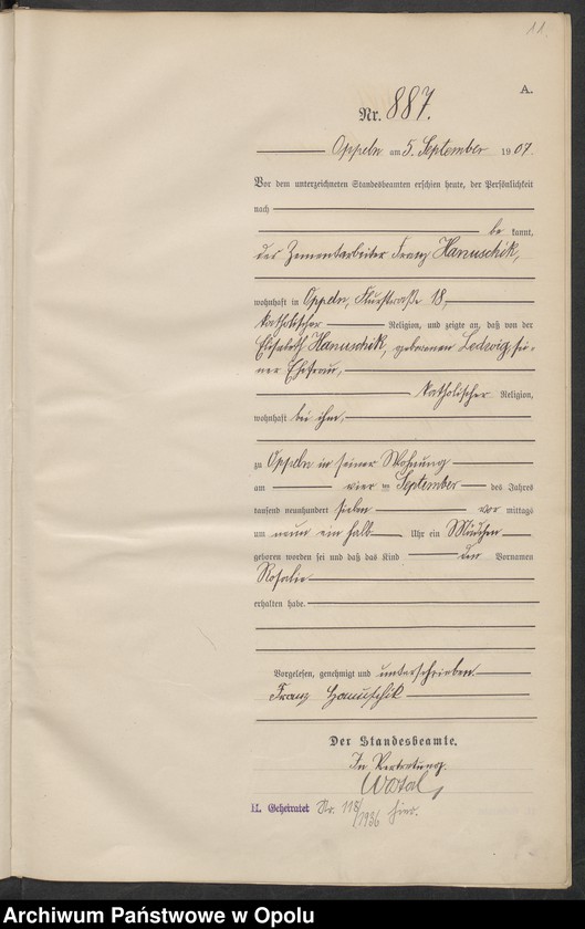 image.from.unit.number "Urząd Stanu Cywilnego w Opolu 1907 Rejestr Urodzeń miejscowa Nr 878 do 1277"