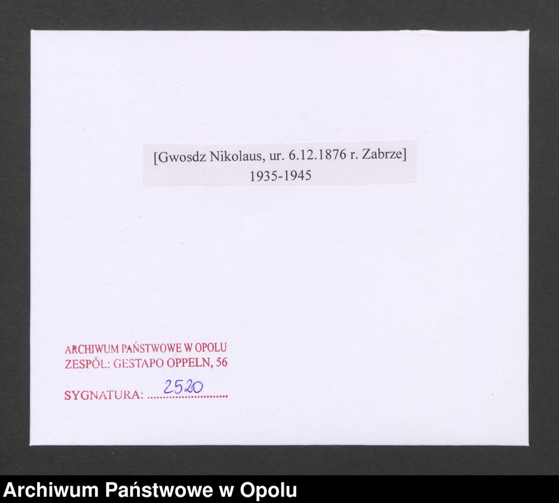 Obraz 2 z jednostki "[Gwosdz Nikolaus, ur. 6.12.1876 r. Zabrze]"