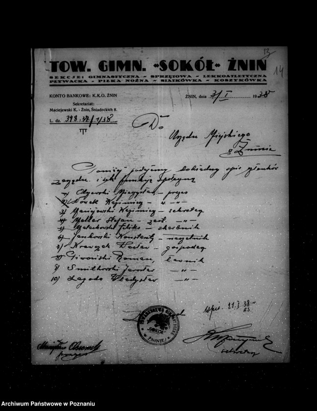 Obraz 18 z jednostki "/Towarzystwo Gimnastyczne „Sokół" w Żninie - rejestracja/"