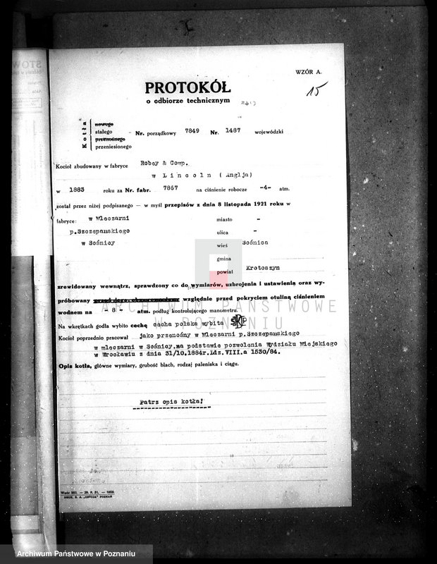 Obraz 19 z jednostki "Mleczarnia parowa w Sośnicy pow. krotoszyński Szczepan Szczepański nr woj. kotła"